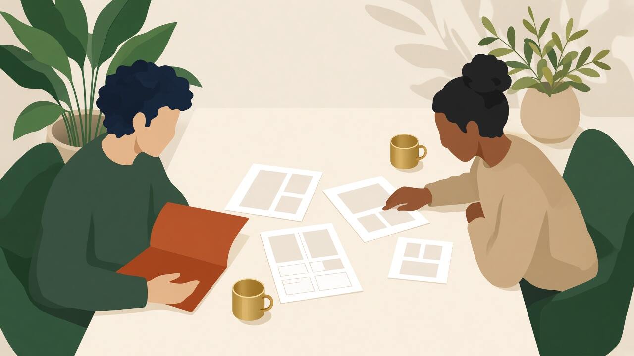 Example illustration of two people reviewing blank layouts. It is not a client's website.