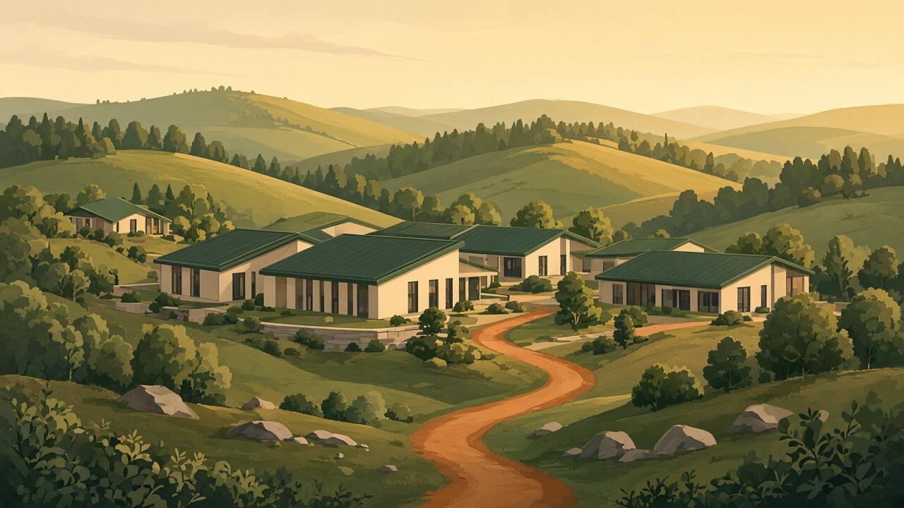 Example illustration of low buildings among hills. It is not a client's office.